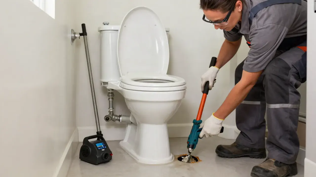 Clogged Drain Removal in Bartlett: drain cleaning technician disassembling a toilet to access and remove a blockage in the